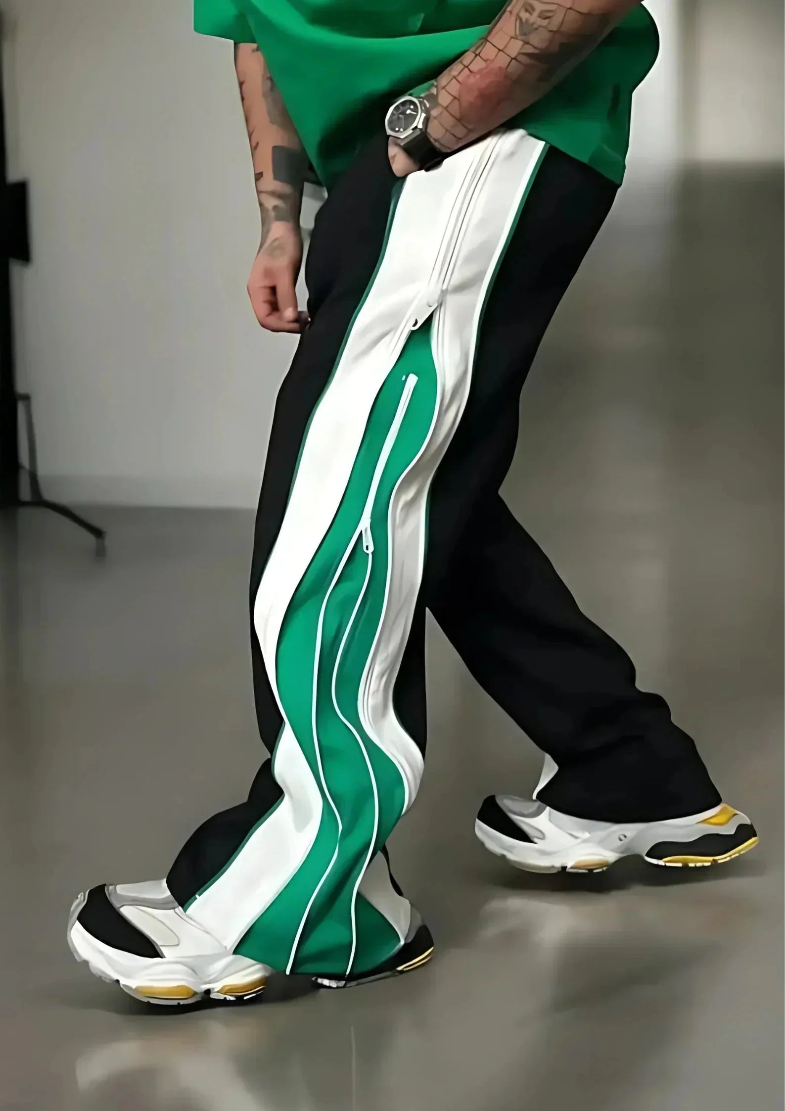 Double Zip Green Wide Leg Zip Up Baggy Pants - ALTR